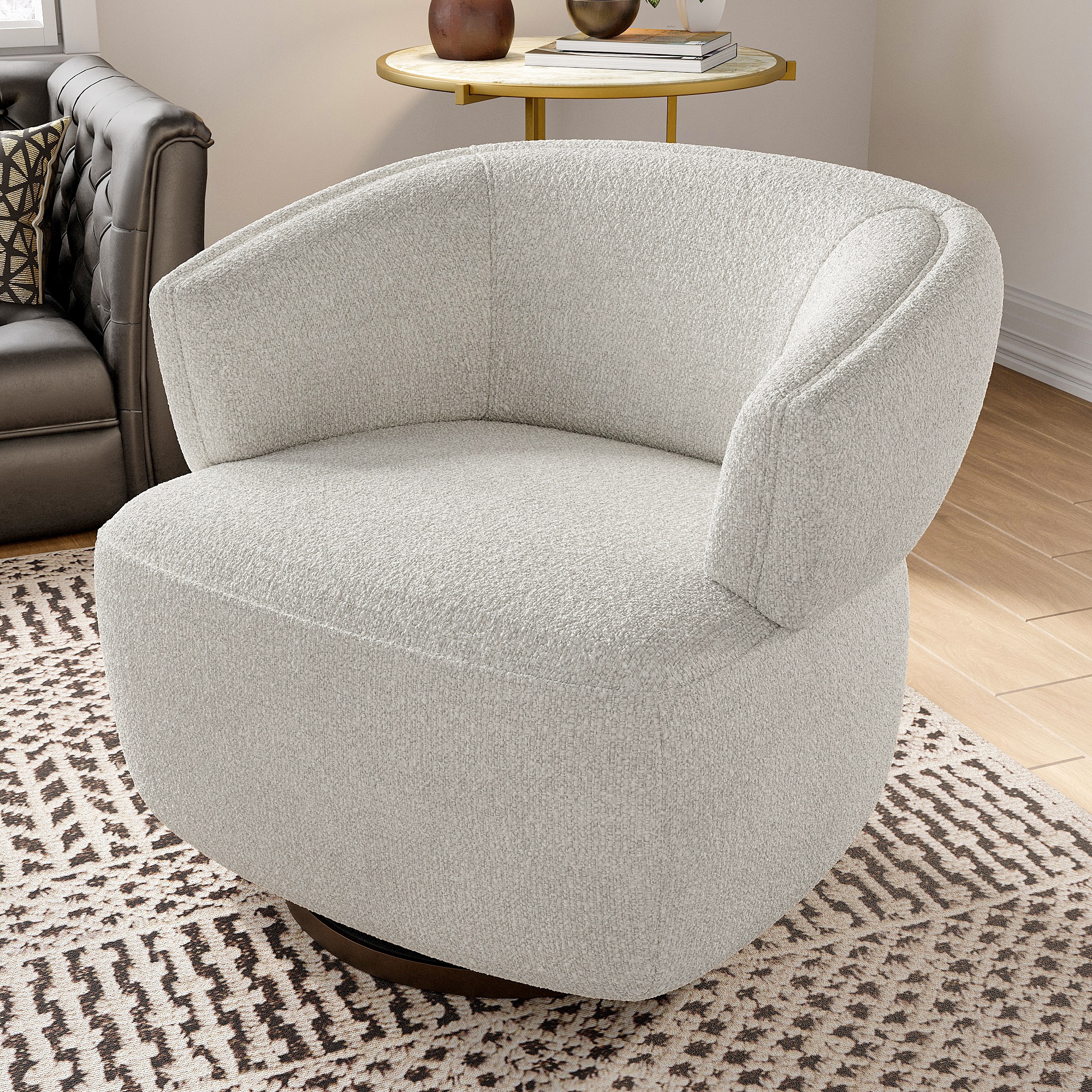Modern Round Swivel Barrel Chair, Small Accent Chair With Solid Wood Frame And High Rebound Foam, Upholstered Armchair For Living Room, Bedroom, Small Space, Beige_voghion.com
